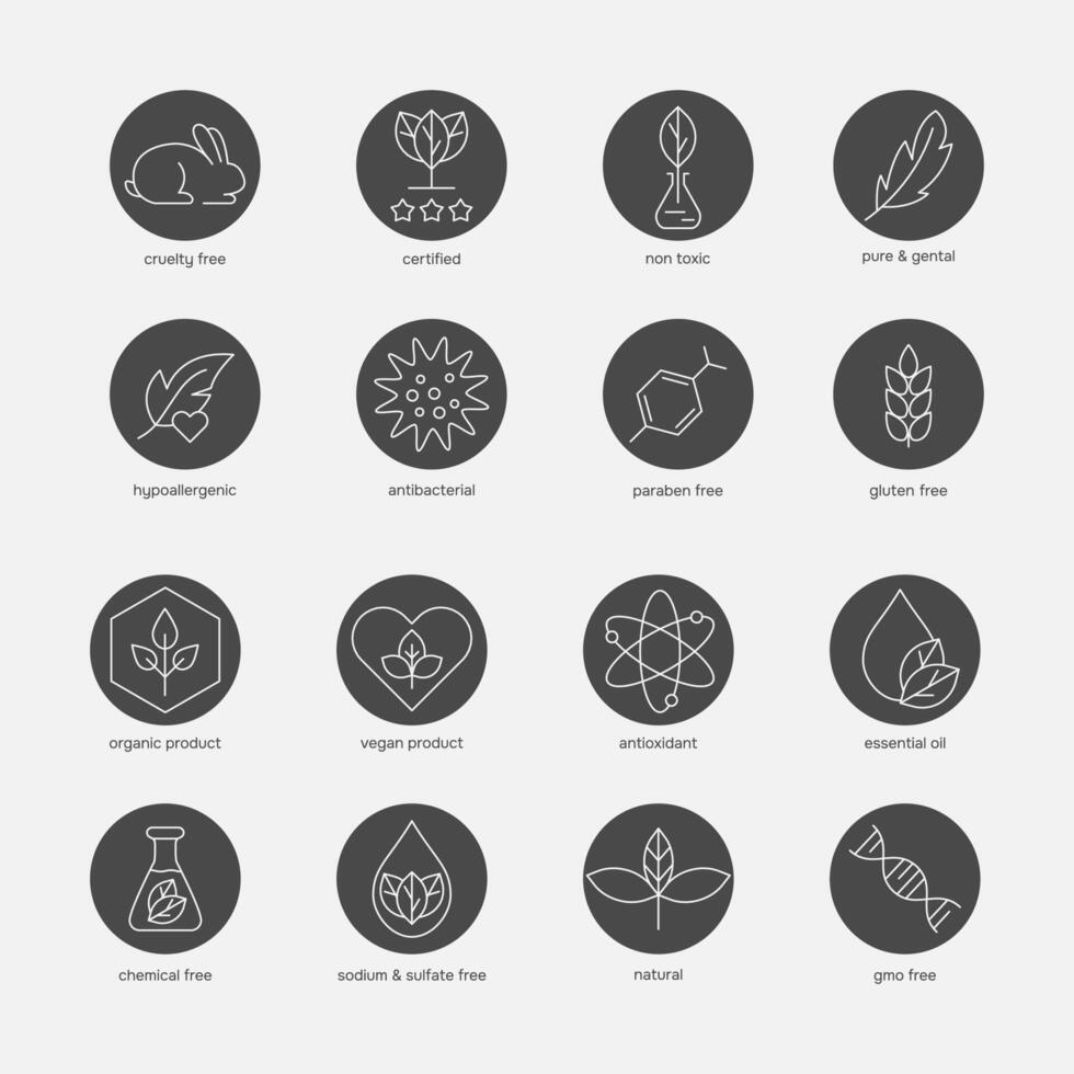organisk kosmetika linje ikon uppsättning. hypoallergena, gmo fri, eco vänlig grymhet fri, naturlig, vegan tecken. märken för skönhet produkt. vektor illustration