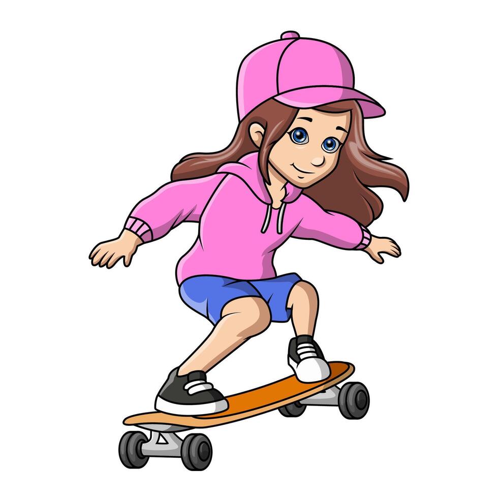 söt liten flicka tecknad serie spelar skateboard vektor