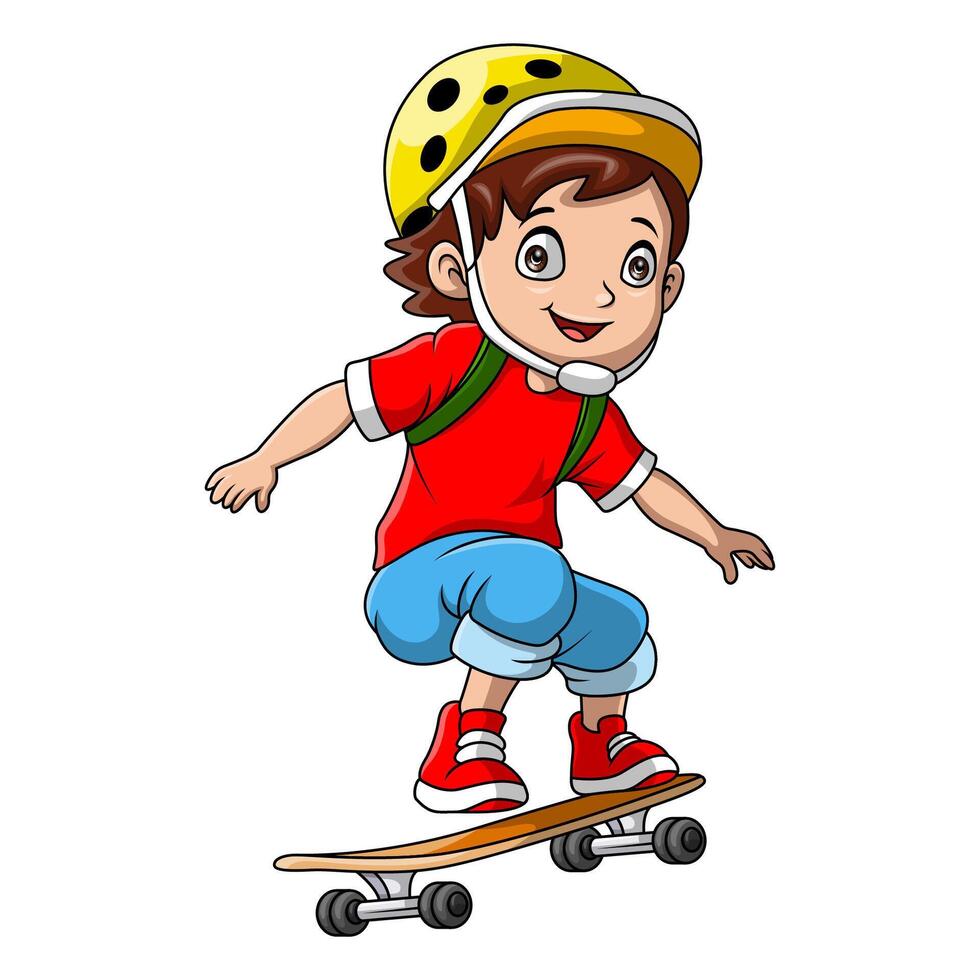 söt liten pojke tecknad serie spelar skateboard vektor