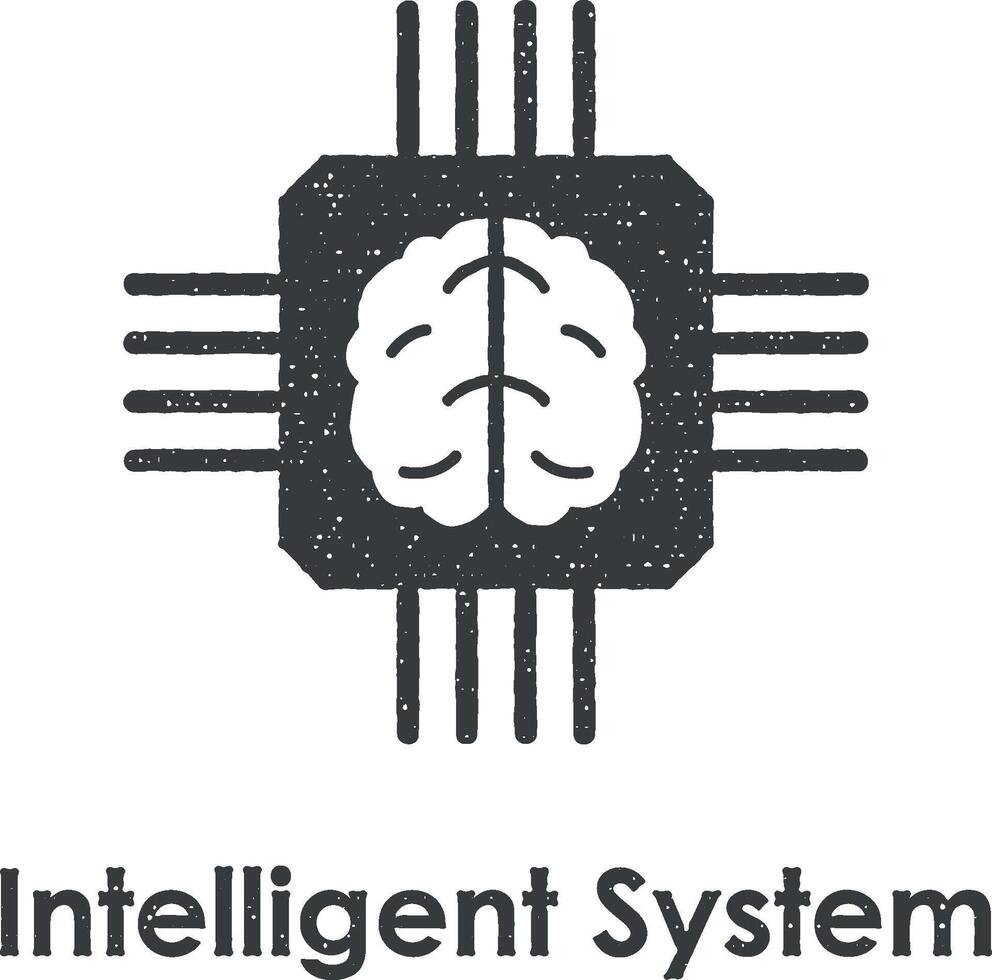 chip, hjärna, intelligent systemet vektor ikon illustration med stämpel effekt