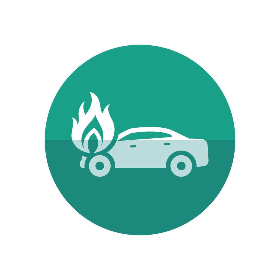 bil på brand ikon i platt Färg cirkel stil. bil- transport olycka olycka bränt försäkring krav vektor
