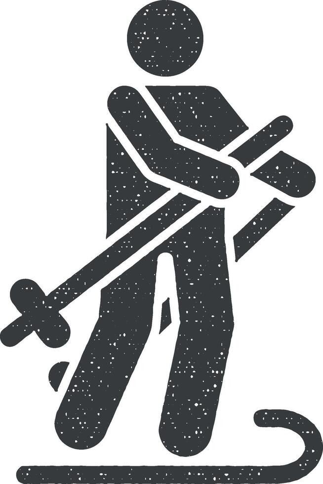 Mann Ski Schnee Abenteuer alpin Symbol Vektor Illustration im Briefmarke Stil