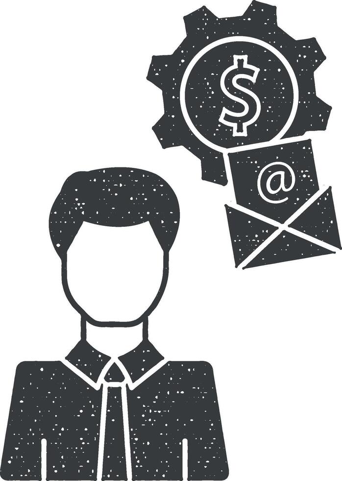 Mann Email Dollar Symbol Vektor Illustration im Briefmarke Stil