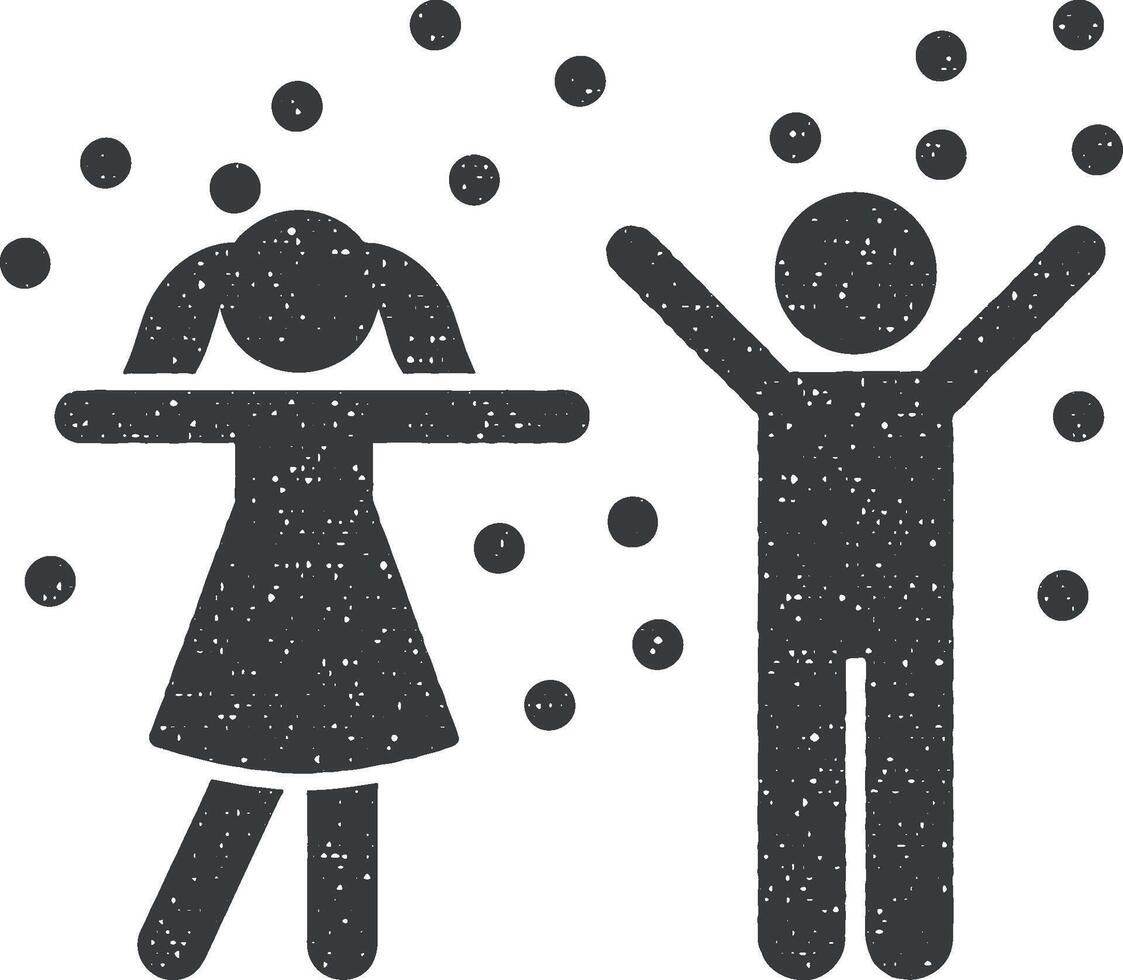 snö, pojke, flicka, snöflinga ikon vektor illustration i stämpel stil