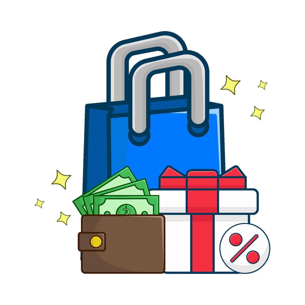 Einkaufen Tasche, Geschenk Box Verkauf mit Geld im Brieftasche Illustration vektor