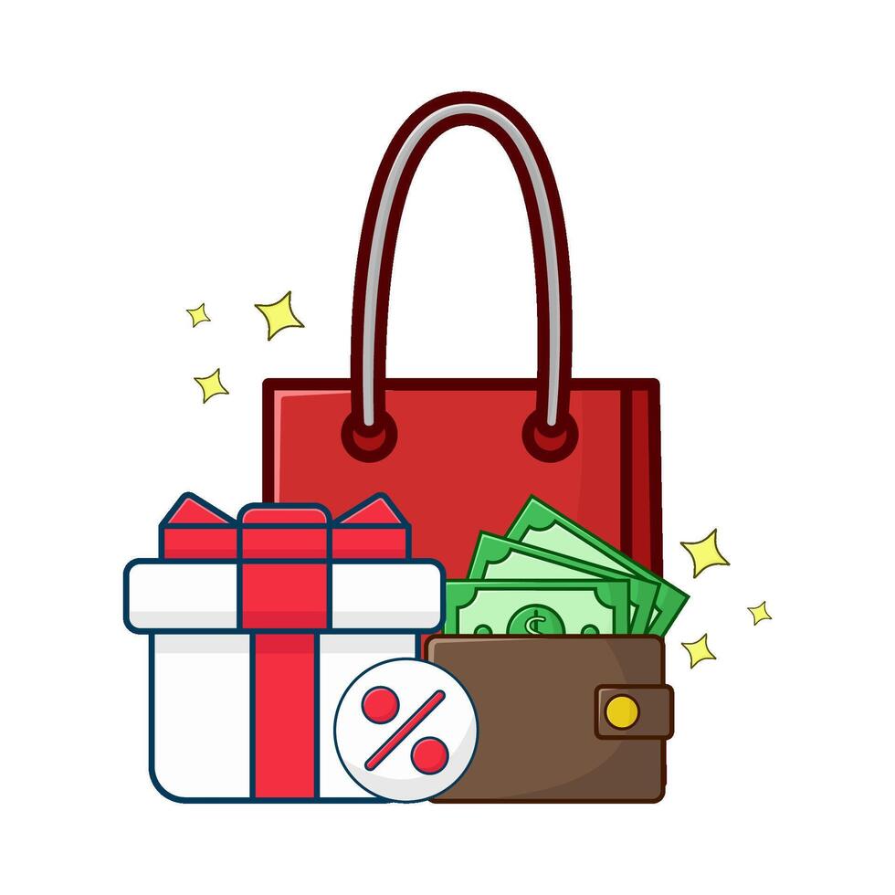 Einkaufen Tasche, Geschenk Box Verkauf mit Geld im Brieftasche Illustration vektor