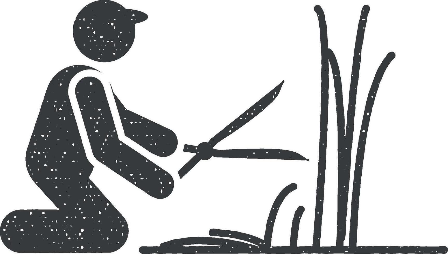 skära, trädgårdsmästare, gräs, scissor ikon vektor illustration i stämpel stil