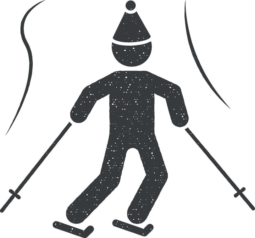 Mann Skifahren Sport Symbol Vektor Illustration im Briefmarke Stil