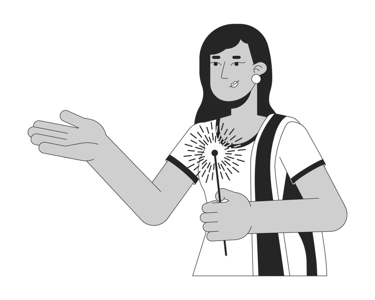 saree indisk lady innehav sparkler svart och vit 2d linje tecknad serie karaktär. svart hår ung vuxen isolerat vektor översikt person. hindu festival av lampor enfärgad platt fläck illustration