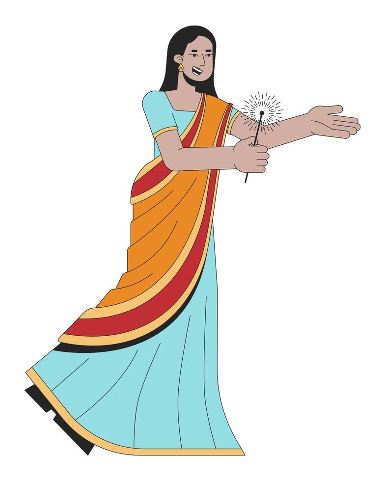 sari bär Lycklig kvinna med bengal ljus 2d linjär tecknad serie karaktär. gående lady isolerat linje vektor person vit bakgrund. hindu festival av lampor Deepawali Färg platt fläck illustration