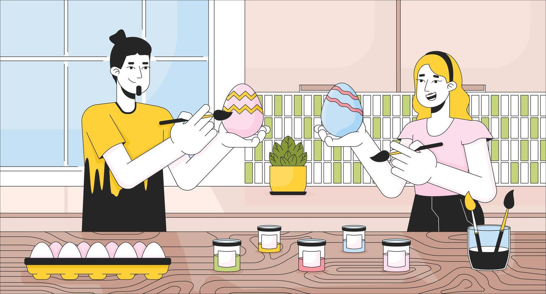 påskägg målning kök linje tecknad serie platt illustration. caucasian människor dekorera ägg tillsammans 2d linjekonst tecken, interiör bakgrund. påsktid Lycklig familj scen vektor Färg bild