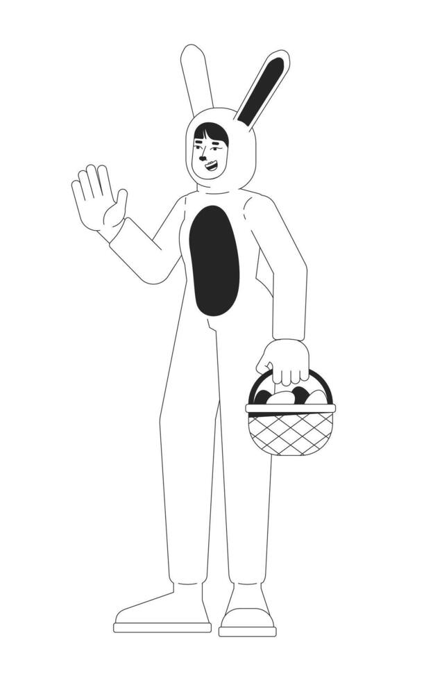 Ostern Hase Frau asiatisch schwarz und Weiß 2d Linie Karikatur Charakter. jung weiblich Maskottchen Hase isoliert Vektor Gliederung Person. Hase Kostüm Mädchen halten Korb monochromatisch eben Stelle Illustration