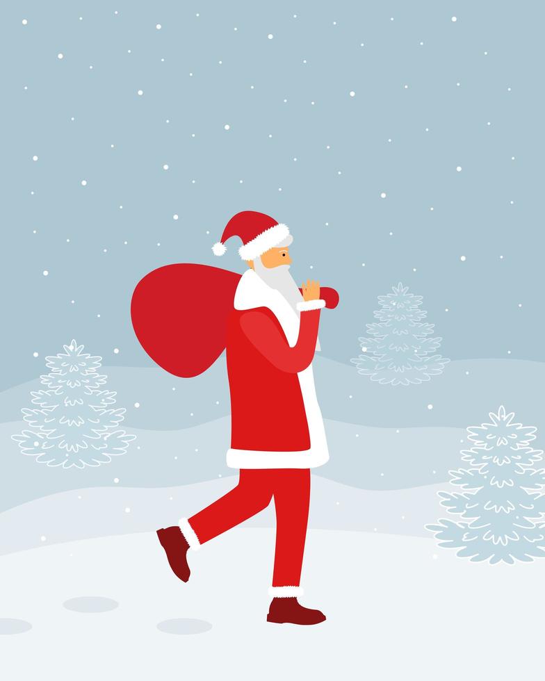 en man utklädd till jultomten går i snön med en påse presenter vektor