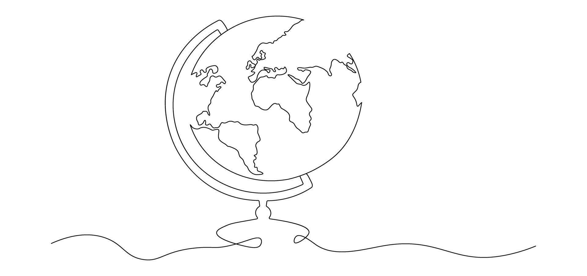 ett kontinuerlig linje teckning av skola globe.world Karta klotter linje teckning. jord Karta hand dragen symbol vektor