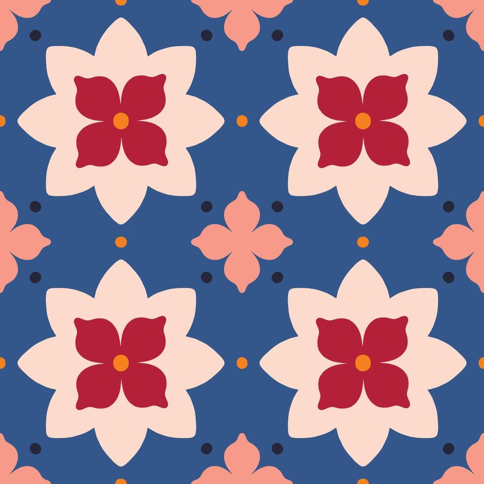 elegant modern sömlös mönster med geometrisk blommig kakel. vektor abstrakt textur i traditionell keramisk bricka stil. symmetrisk bakgrund med blommor och prickar