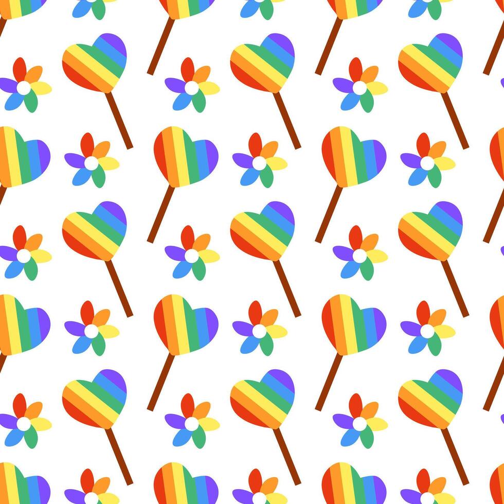 nahtlos Muster mit süß lgbt Lutscher Regenbogen auf Stock und Blumen. Süßigkeiten im bilden Herz. lgbtq. Symbol von das lgbt Stolz Gemeinschaft. eben Vektor Illustration.