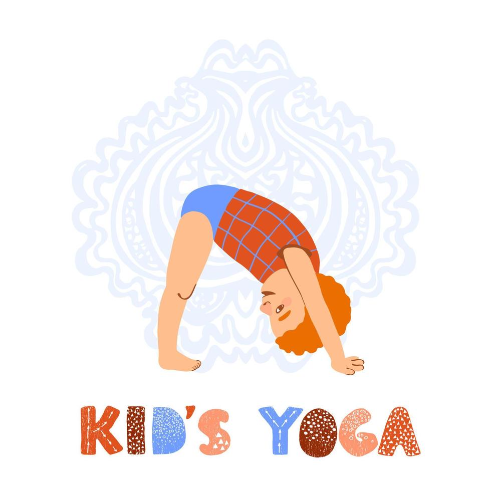 Vektor bunte Illustration des kleinen Jungen, der Yoga Adho Mukha Svanasana Pose macht, isoliert auf weißem Hintergrund