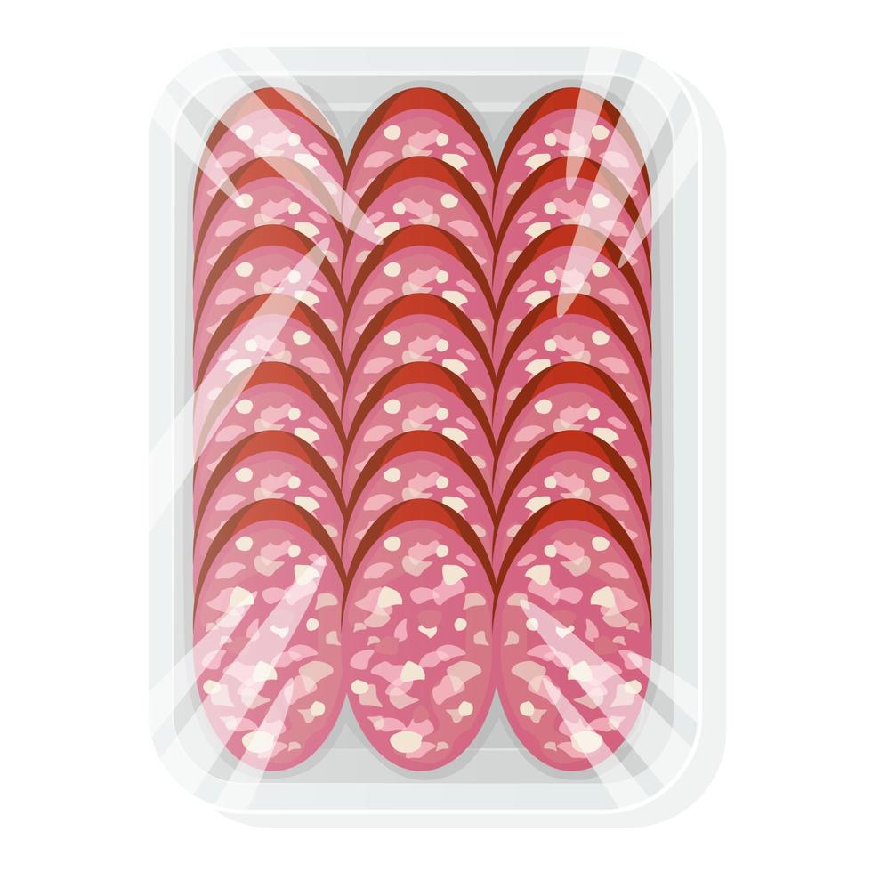 skivad korv i en plastbricka. salami i vakuumförpackningar. vektor illustration.