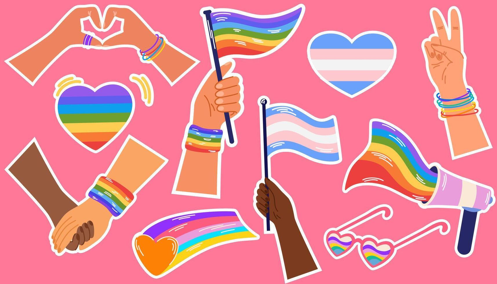 HBTQ klistermärke packa. lgbtq uppsättning på rosa bakgrund. symbol av de HBTQ stolthet gemenskap. regnbåge element. vektor hand dra illustration.