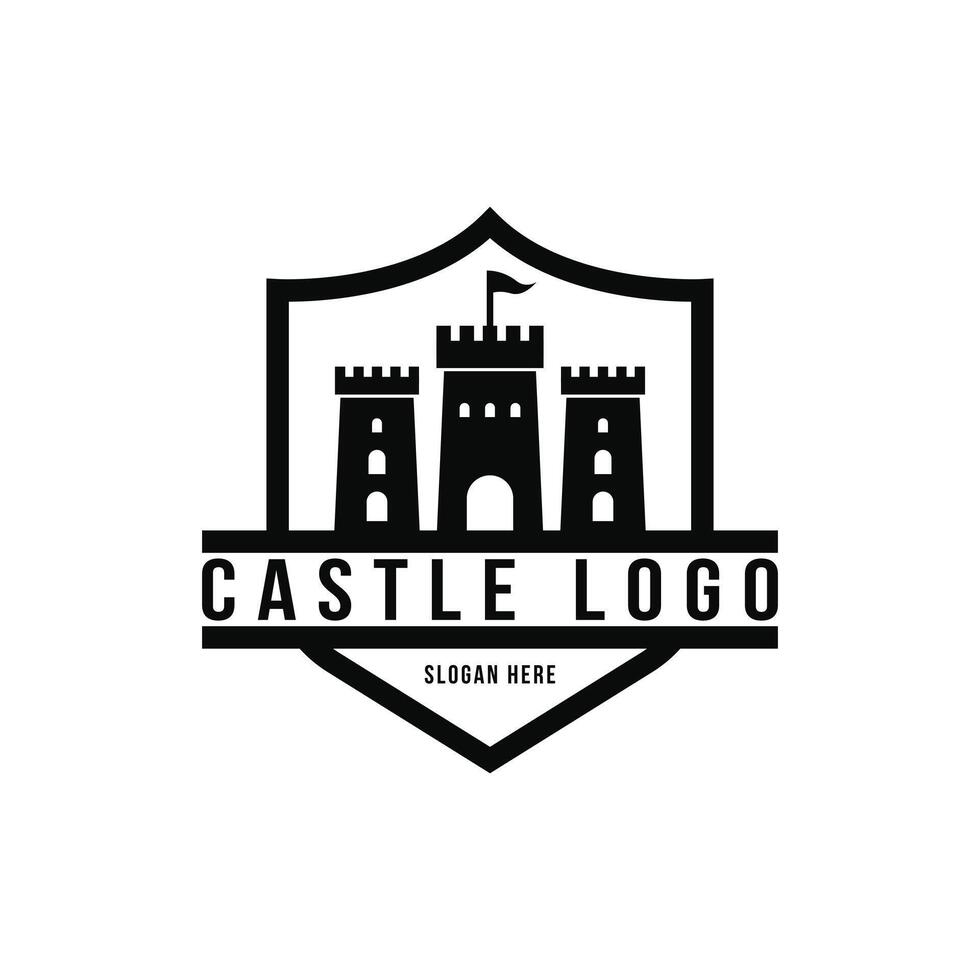 slott logotyp design begrepp med skydda årgång retro bricka vektor