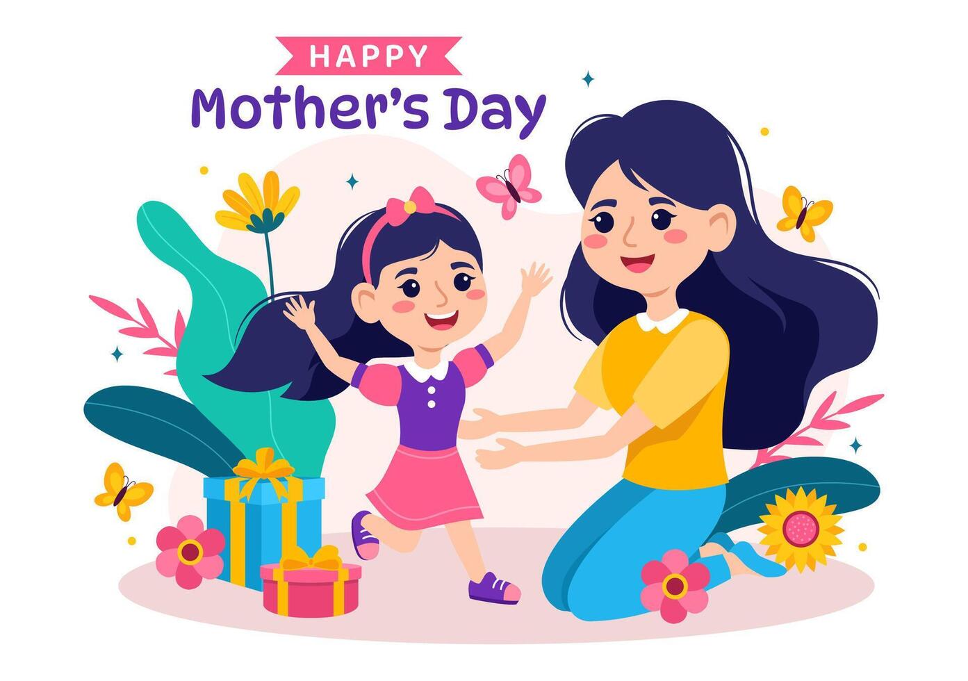 glücklich Mutter Tag Vektor Illustration von Zuneigung zum Baby und Kinder von Mütter mit Blume und Geschenk Konzept im eben Karikatur Hintergrund Design