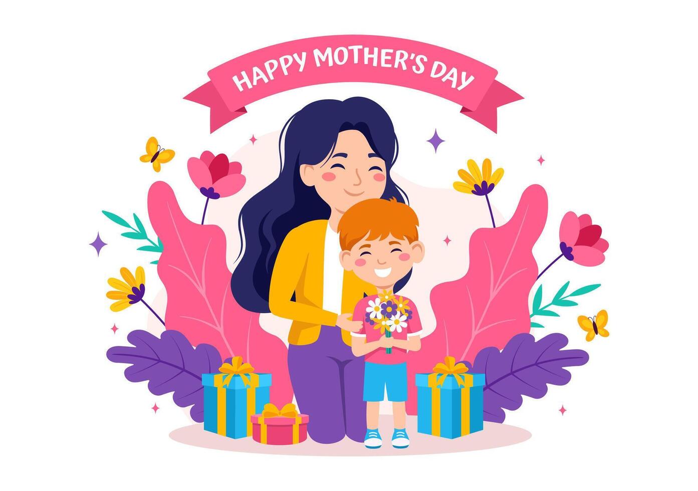 glücklich Mutter Tag Vektor Illustration von Zuneigung zum Baby und Kinder von Mütter mit Blume und Geschenk Konzept im eben Karikatur Hintergrund Design