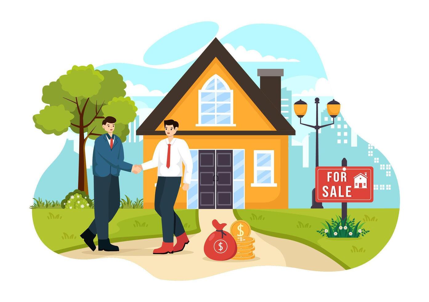 landa mäklare vektor illustration med överbrygga investerare eller köpare och säljare ombud för köpa, hyra och sälja fast egendom i platt tecknad serie bakgrund