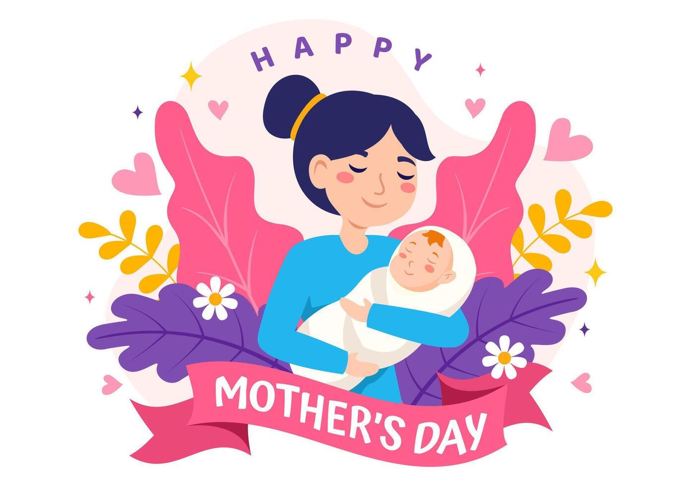 Lycklig mor dag vektor illustration av tillgivenhet för bebis och barn från mödrar med blomma och gåva begrepp i platt tecknad serie bakgrund design