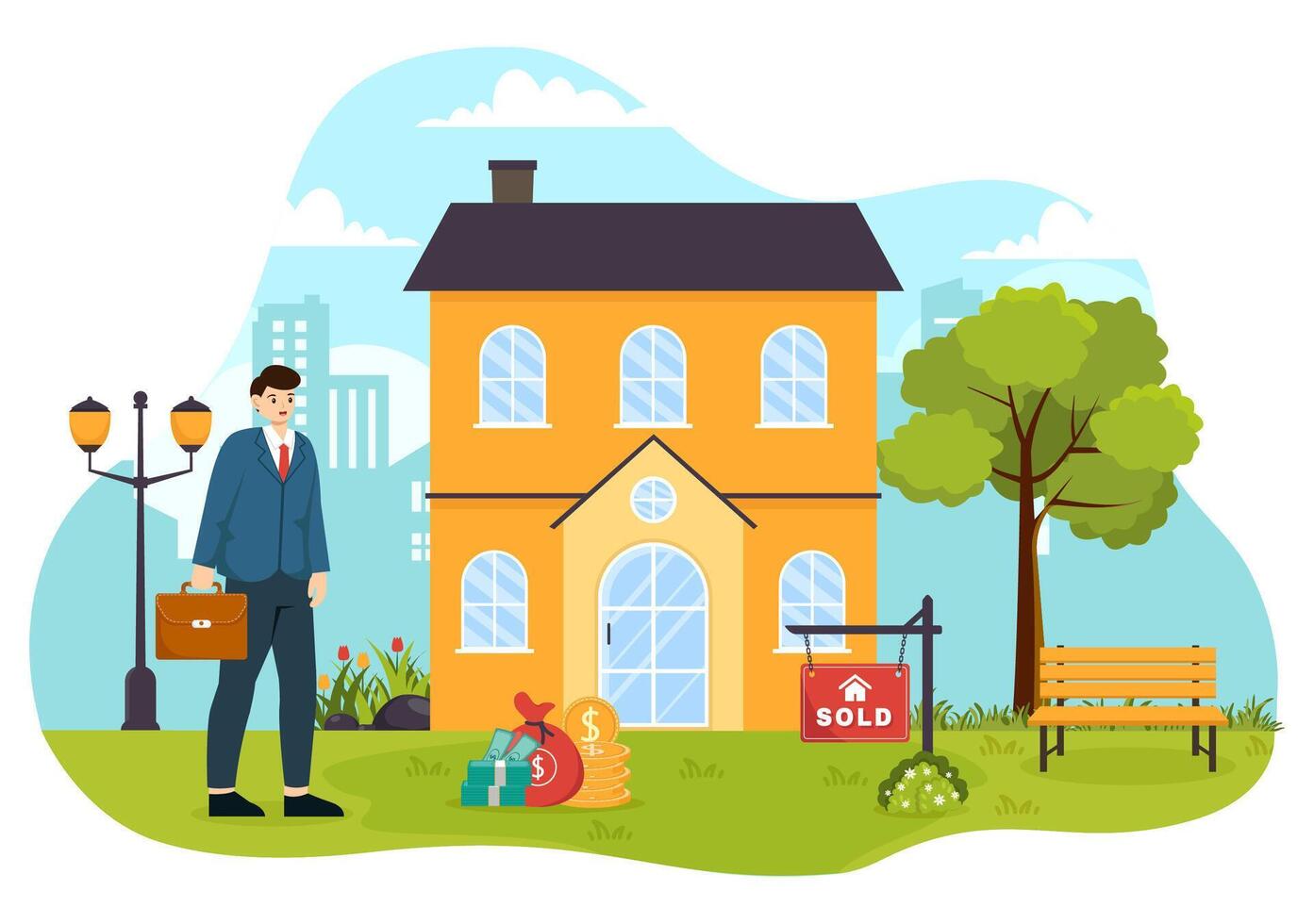 Land Makler Vektor Illustration mit Überbrückung Investoren oder Käufer und Verkäufer Agent zum besorgen, Miete und verkaufen Eigentum im eben Karikatur Hintergrund