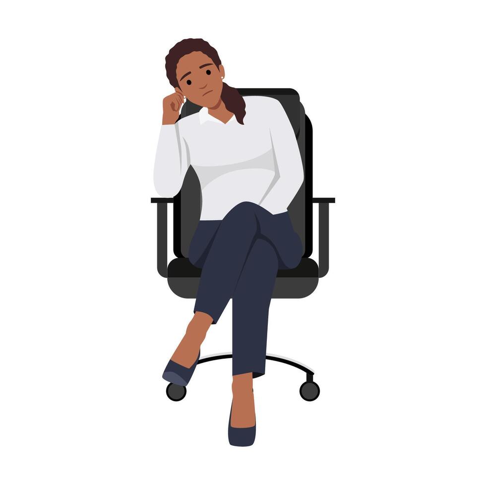 företag kvinna ledsen Sammanträde på kontor stol med trött ansikte och ser på visare. tror handla om problem. vektor