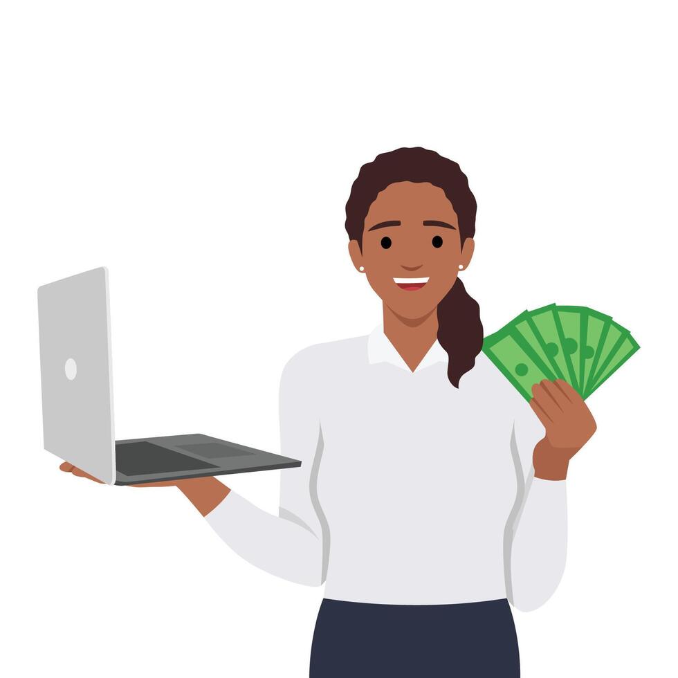 jung Geschäftsfrau halten ein Neu Marke Laptop und zeigen Kasse, Geld oder Währung Anmerkungen. vektor