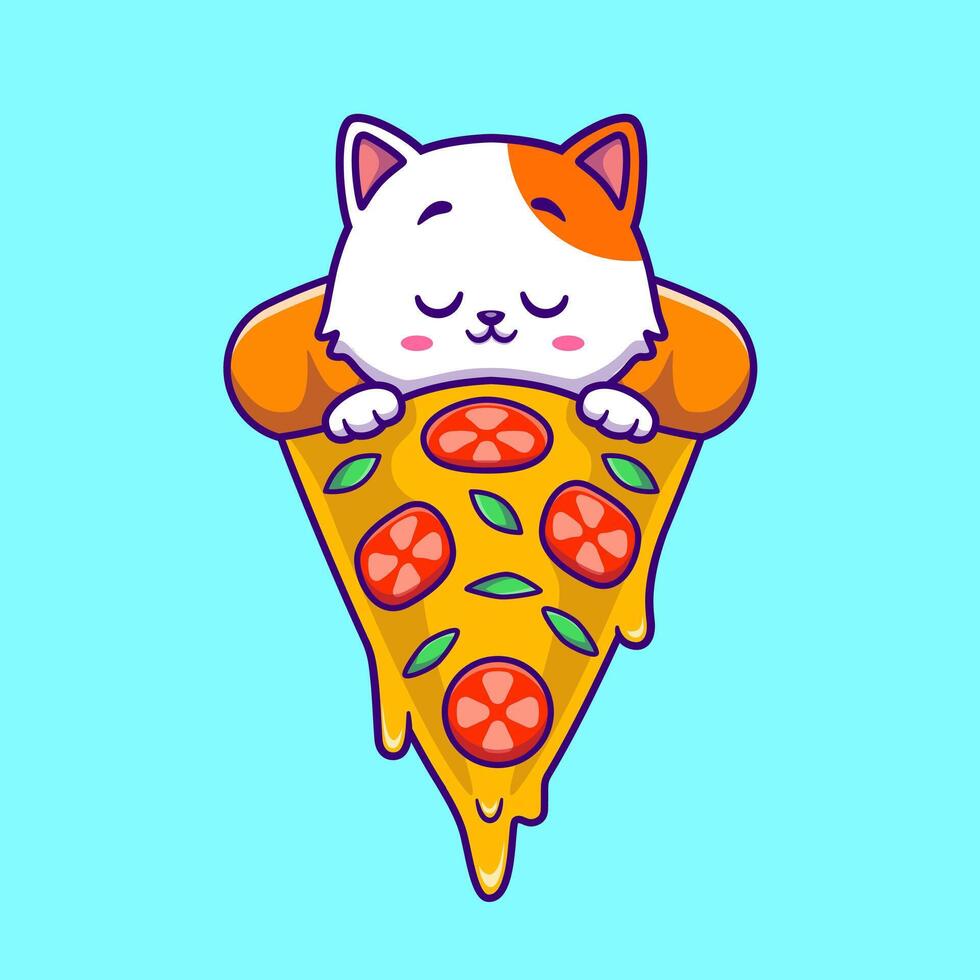 söt katt sovande på pizza tecknad serie vektor ikon illustration. djur- mat ikon begrepp isolerat premie vektor. platt tecknad serie stil