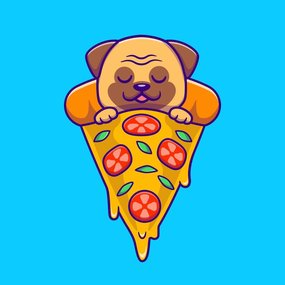 niedlicher mopshund, der auf pizza-cartoon-vektor-symbol-illustration schläft. Tierfutter-Icon-Konzept isolierter Premium-Vektor. flacher Cartoon-Stil vektor