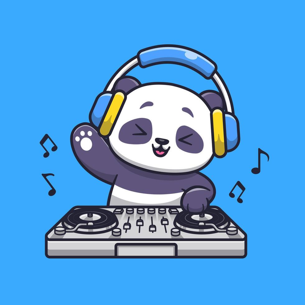 söt panda spelar dj elektronisk musik med hörlurar tecknad serie vektor ikon illustration. djur- musik ikon begrepp isolerat premie vektor. platt tecknad serie stil