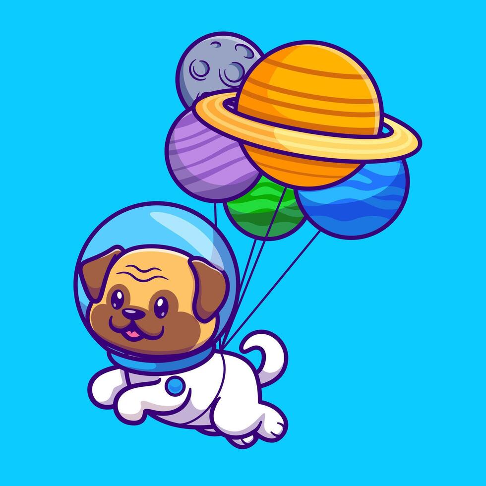 söt mops hund astronaut flytande med planet ballong tecknad vektor ikonillustration. djurvetenskap ikon koncept isolerade premium vektor. platt tecknad stil