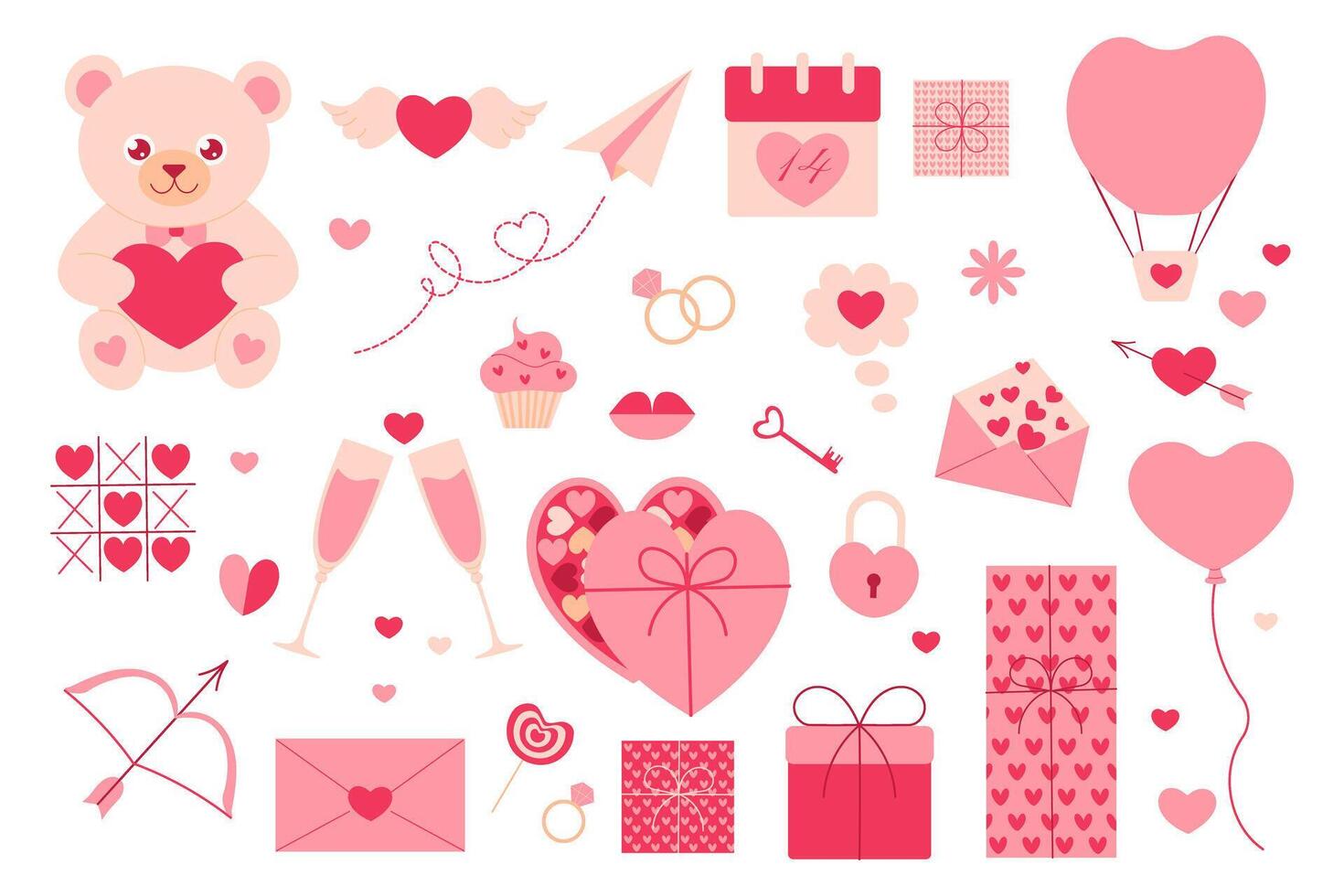 valentines dag uppsättning med teddy Björn, gåva, mun, kaka, godis, hjärtan vektor