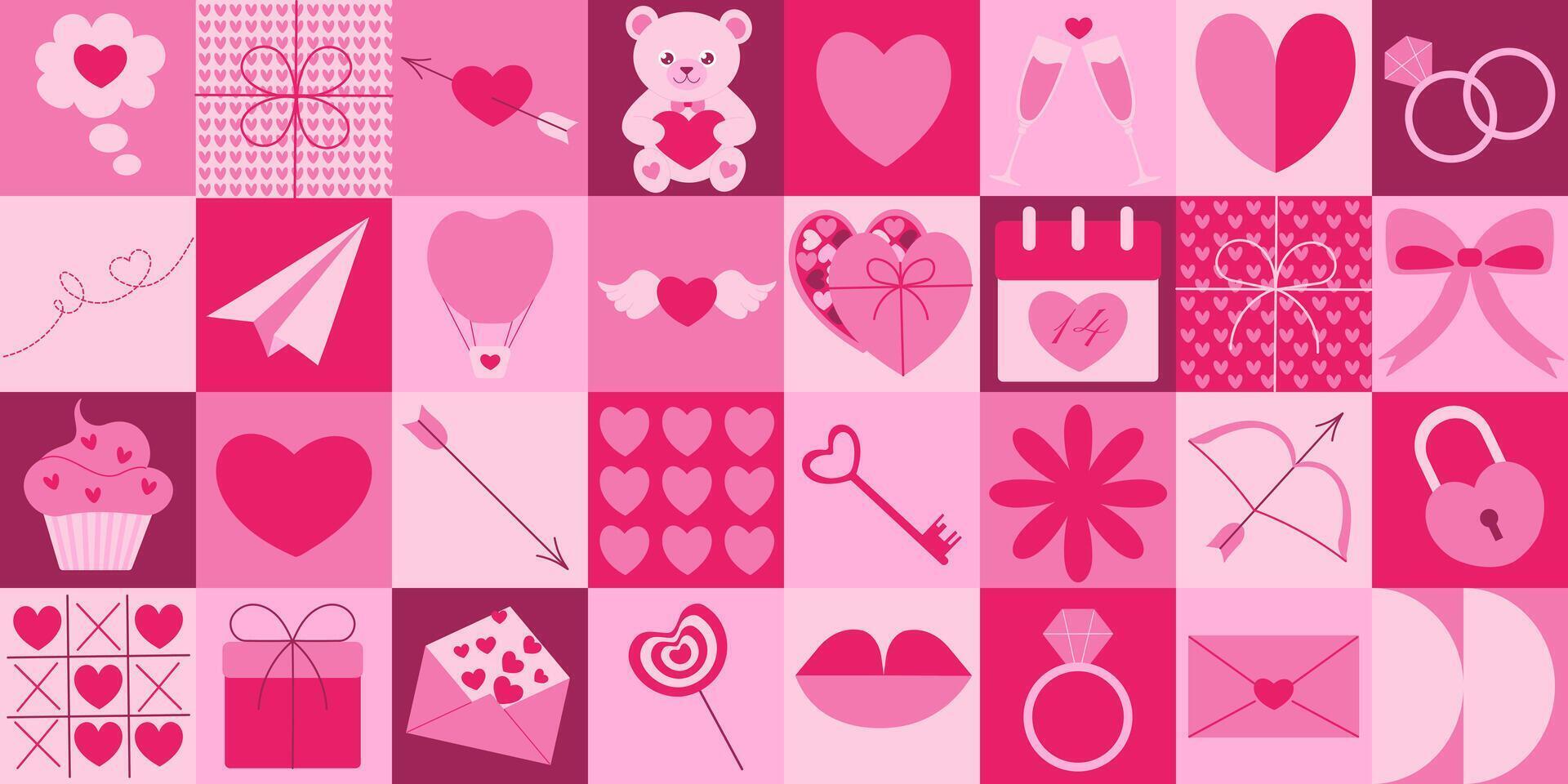 Valentinsgrüße Tag Symbole Elemente mit geometrisch Muster. Vektor eben Design zum Poster, Karte, Hintergrund, Poster, Banner, Verpackung. Herz, tragen, Liebe, Geschenk, Band Bogen