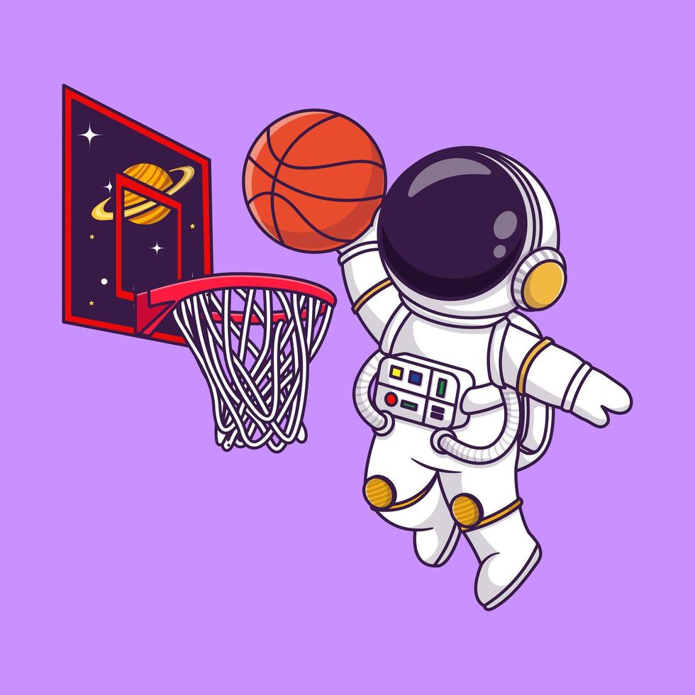 süß Astronaut spielen Basketball im Raum Karikatur Vektor Symbol Illustration. Wissenschaft Sport isoliert.