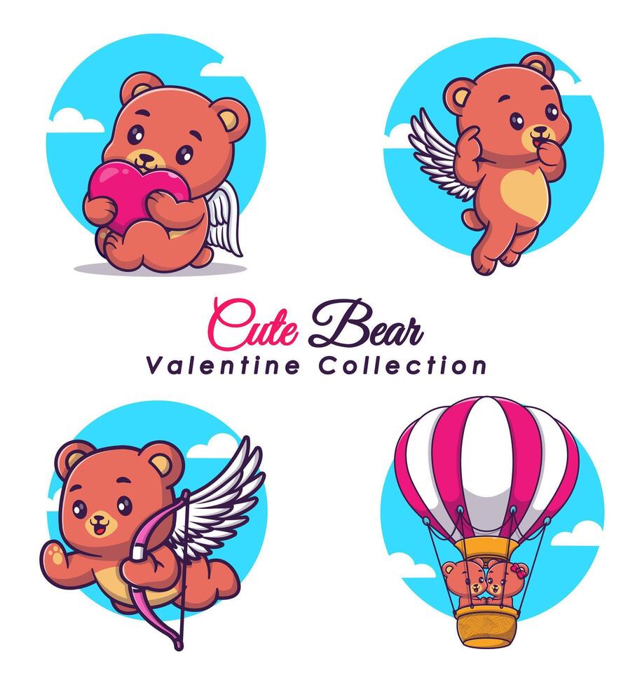 uppsättning av söt Björn med poser för hjärtans dag tecknad serie vektor ikon illustration