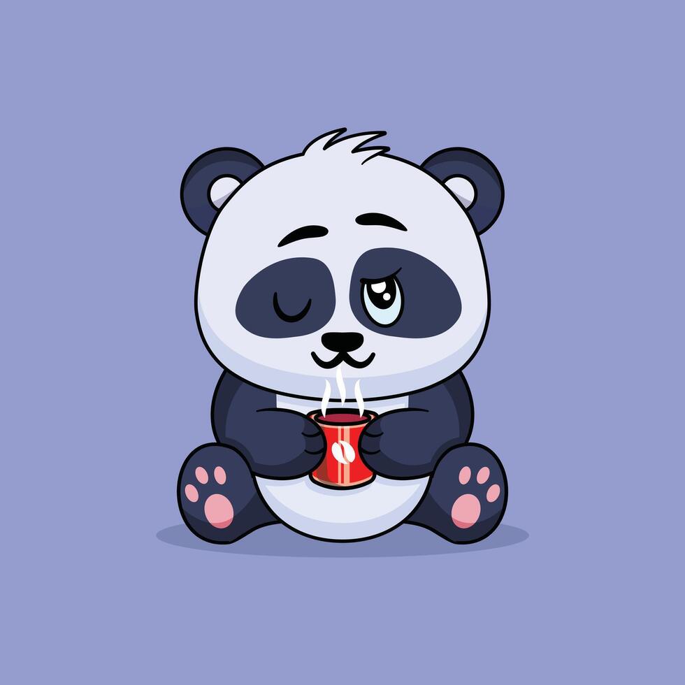 uttryckssymbol av söt panda bara vaknade upp med kopp av kaffe vektor tecknad serie illustration