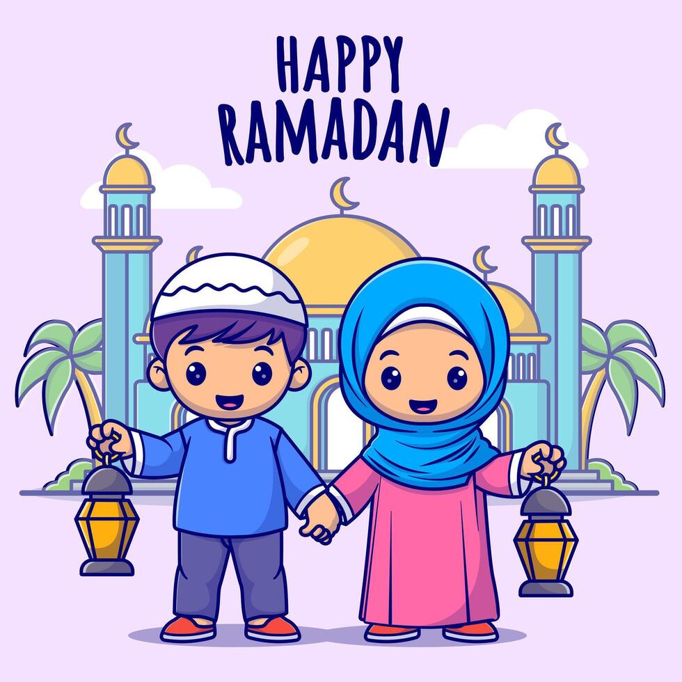 süß Mädchen und Junge Moslem feiern Ramadan Karikatur Vektor Symbol Illustration. Menschen Religion Symbol Konzept isoliert Prämie Vektor eben Karikatur Stil.