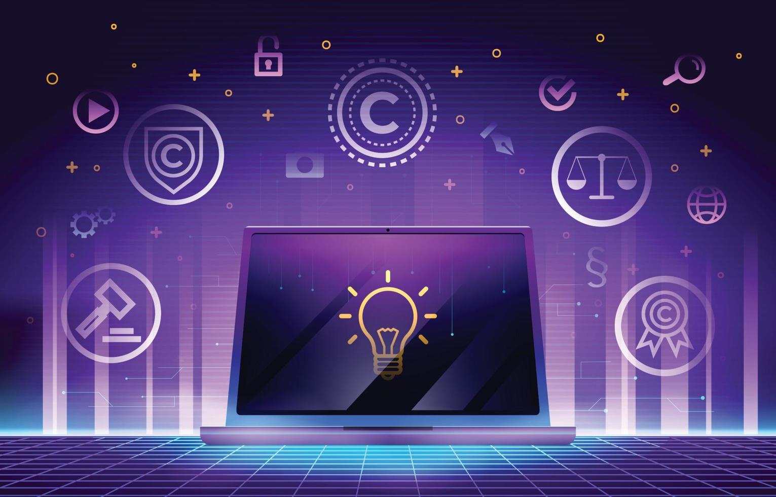 Digitaler Hintergrund des Urheberrechts mit Laptop und Symbolen vektor