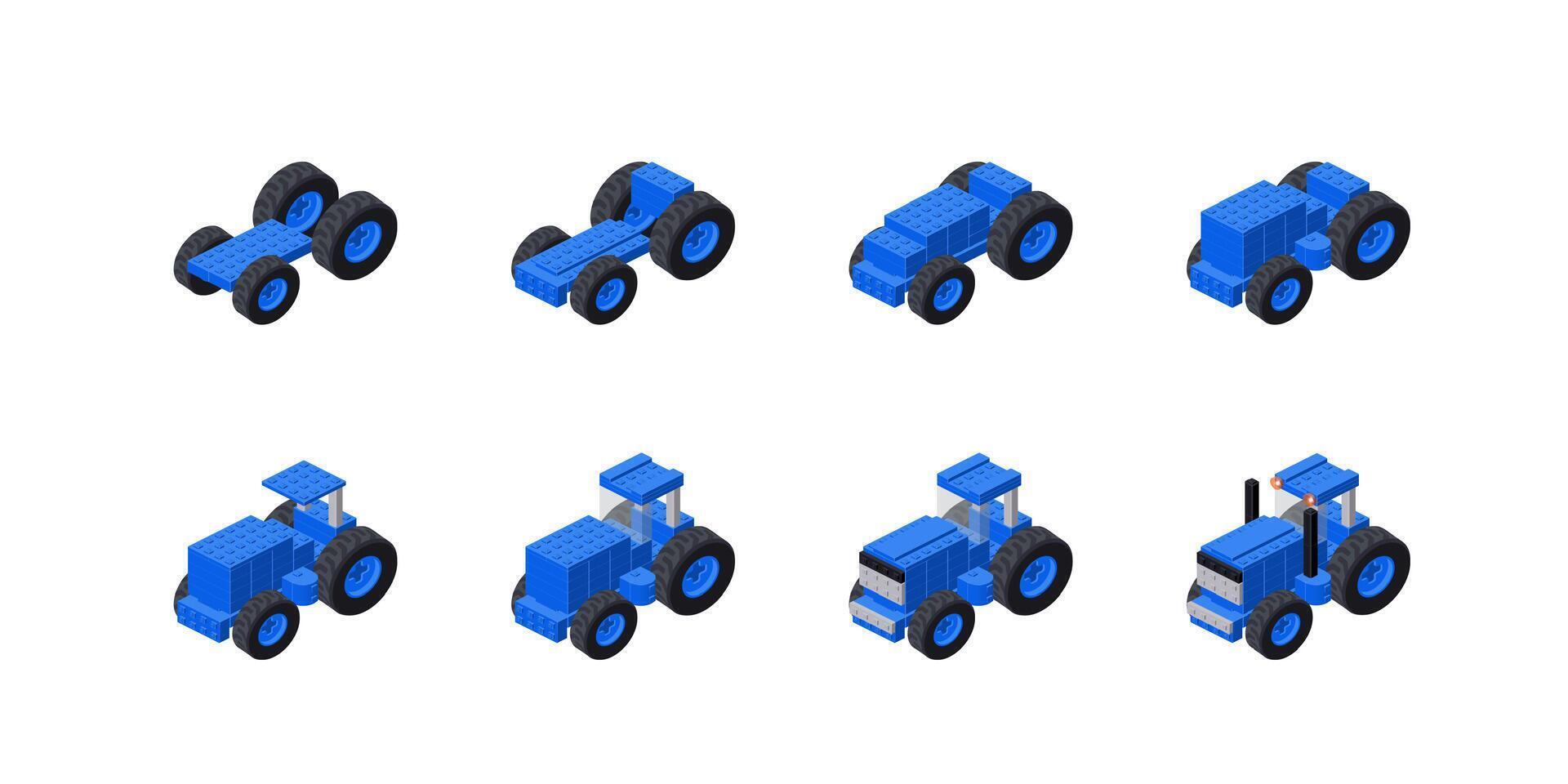 Schritt für Schritt Konstruktion von ein Blau Traktor von Plastik Blöcke im Isometrie. Vektor