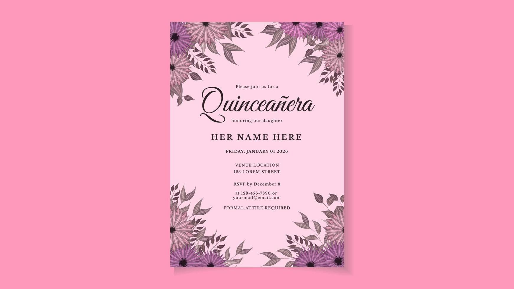 Quinceanera Geburtstagsfeier Blumen Flyer Einladungskartenvorlage vektor