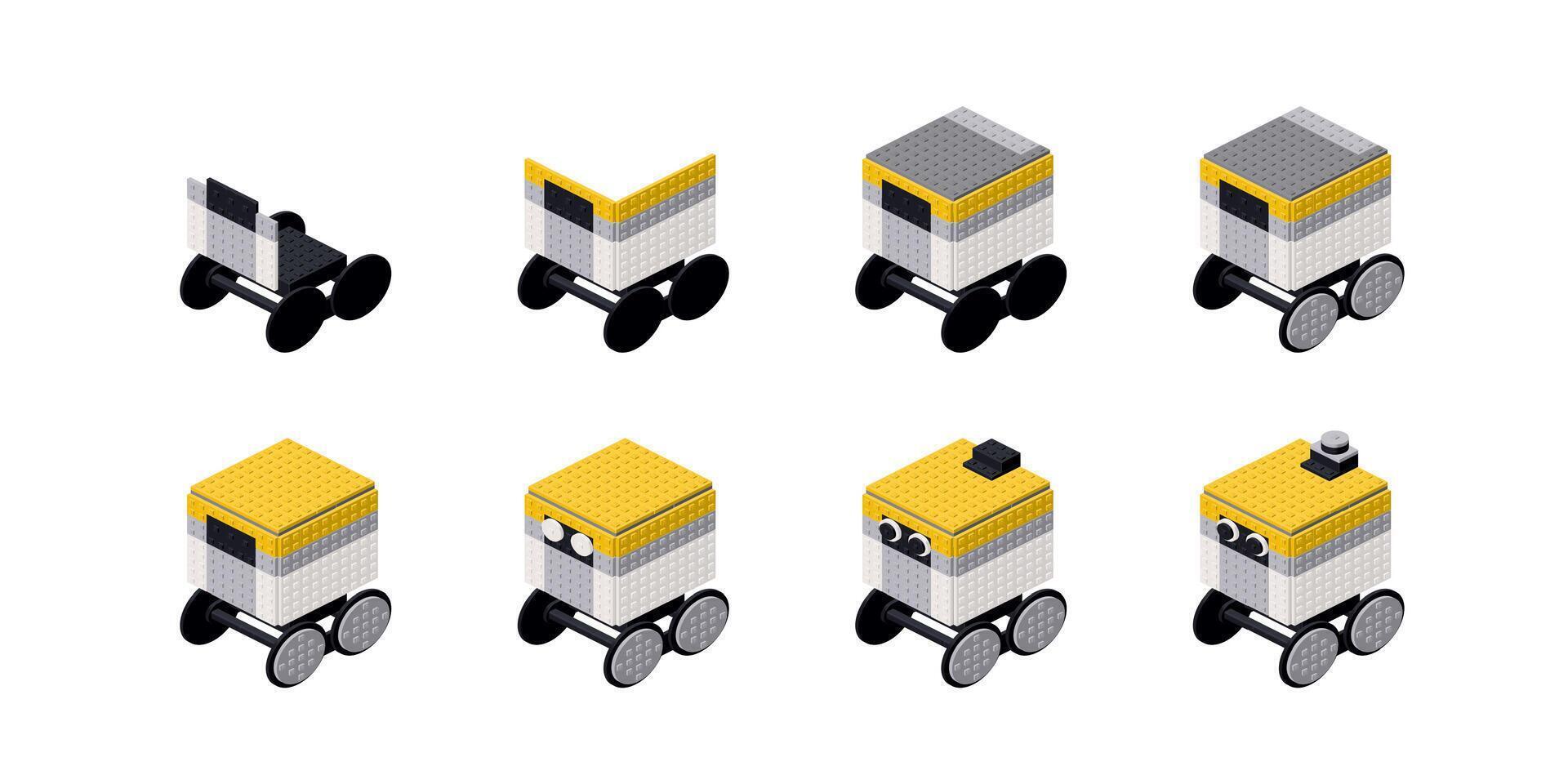 steg för steg konstruktion av en kurir robot från plast block i isometri. vektor