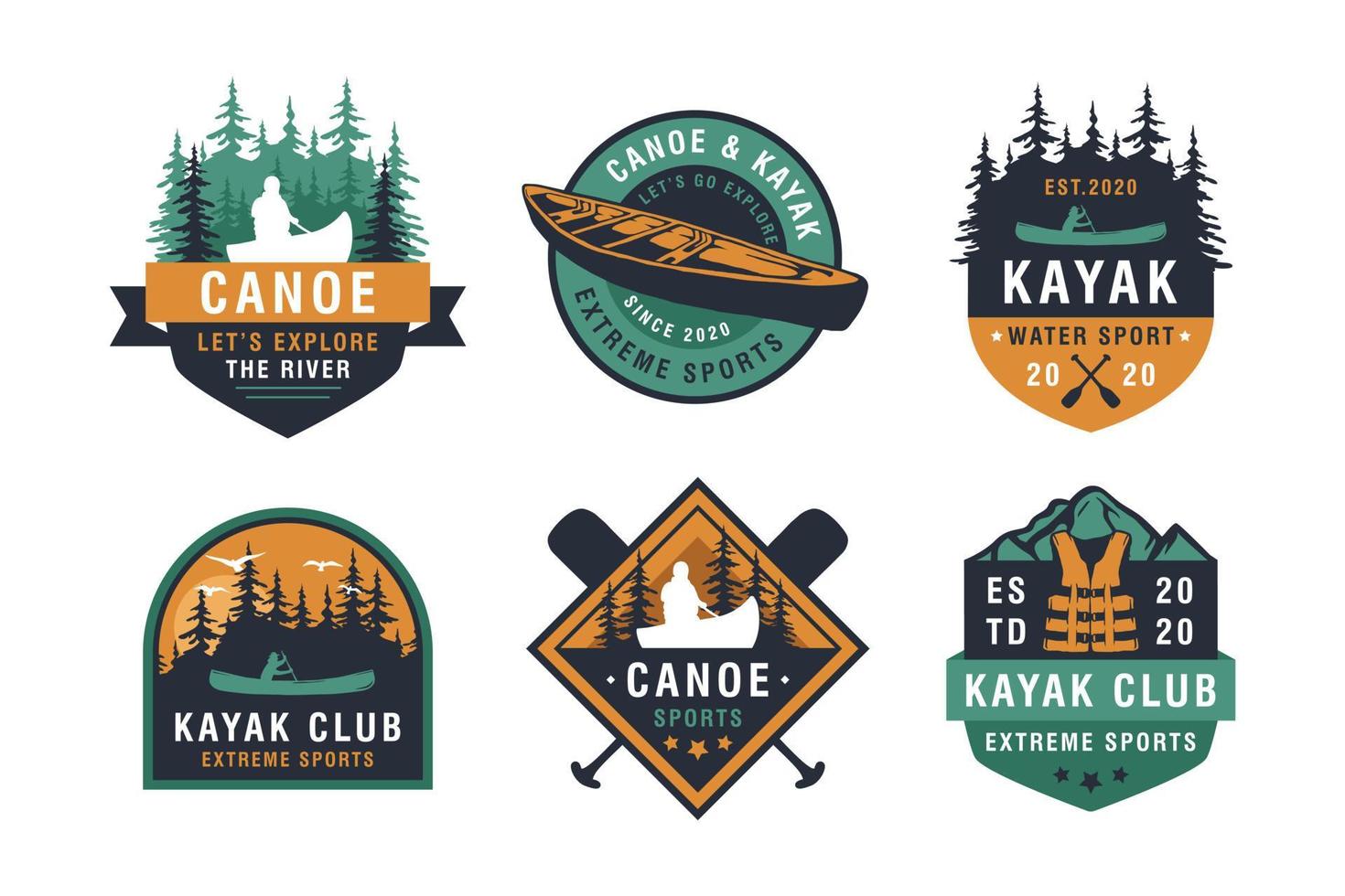 Set aus Vintage-Bergen, Rafting, Kajakfahren, Paddeln, Kanucamp-Logo, Etiketten und Abzeichen vektor