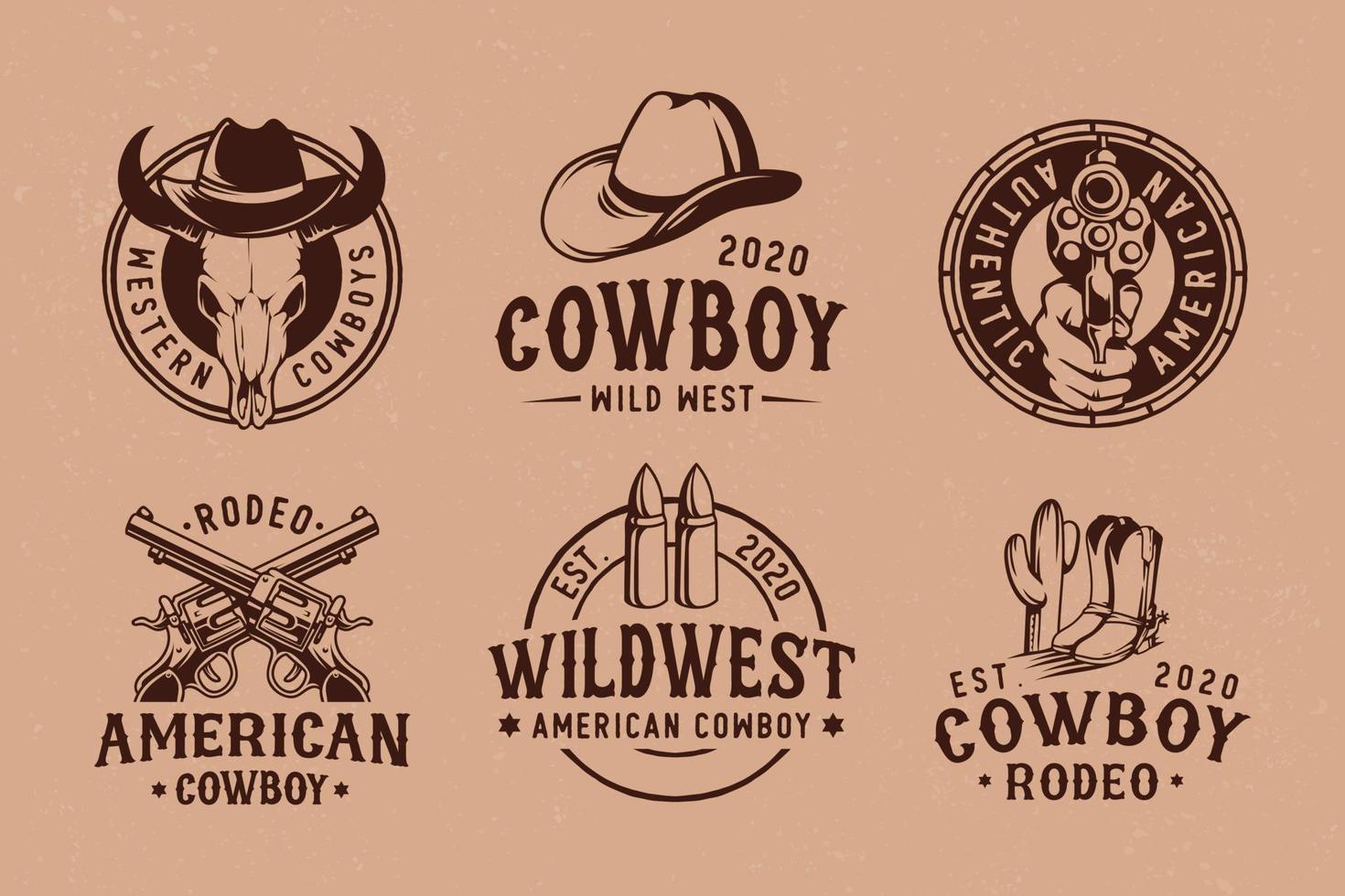 Cowboy-Rodeo-Show-Set von Vektor-Vintage-Emblemen, Etiketten, Abzeichen und Logos im monochromen Stil isoliert vektor