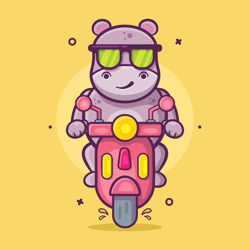 cool Nilpferd Tier Charakter Maskottchen Reiten Roller Motorrad isoliert Karikatur im eben Stil Design vektor