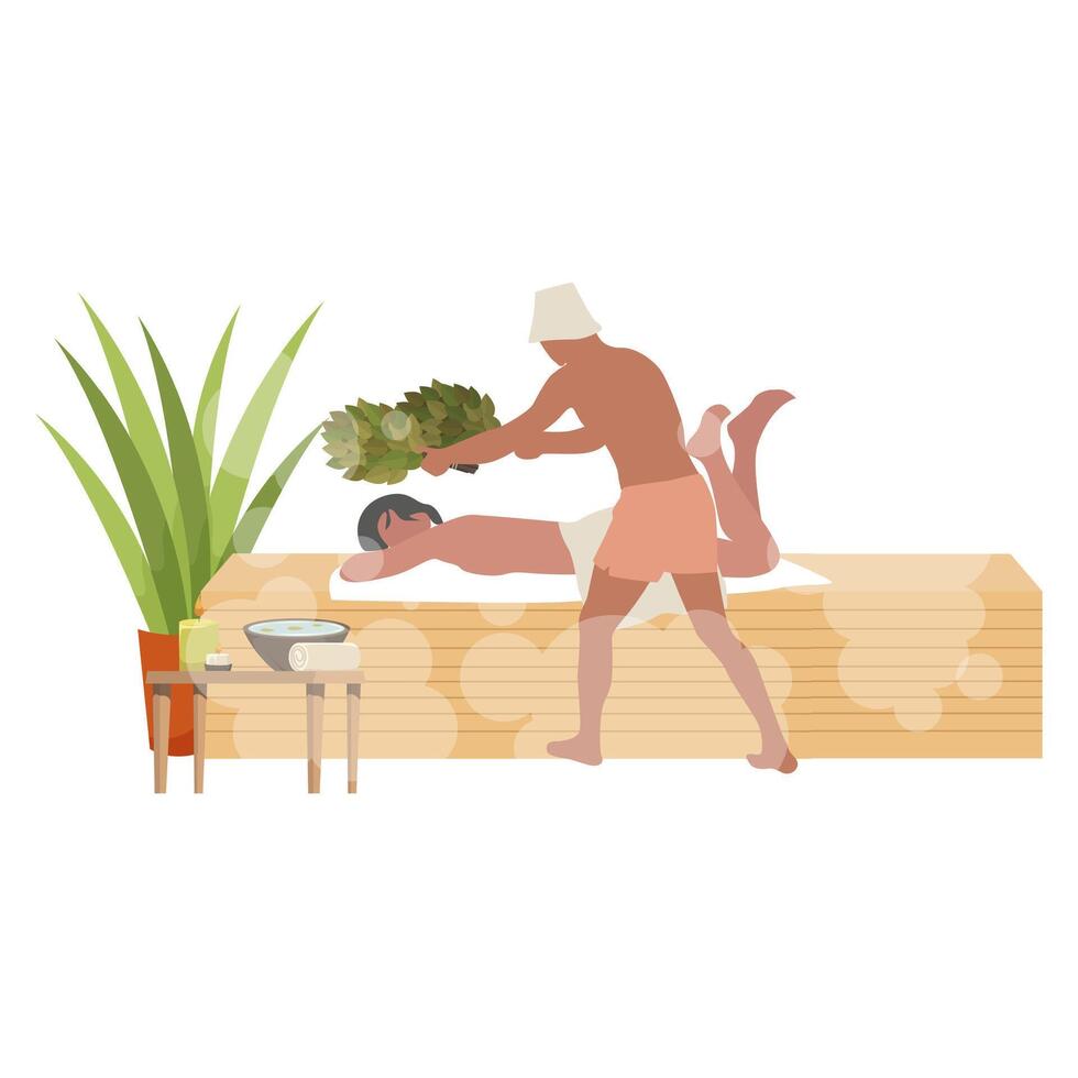 Massage im Sauna mit heiß Besen. Spa Badehaus, heiß Therapie Zimmer mit Massage, Birke Blatt zum Gesundheit, Temperatur warm gesund. Vektor Illustration