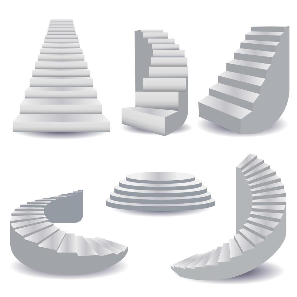 Weiß Treppe Sammlung. Treppe isoliert 3d, Treppe zum Innere. Podium Bühne, Treppe runden, 3d Base Vorlage, Treppe Sammlung. Vektor Illustration